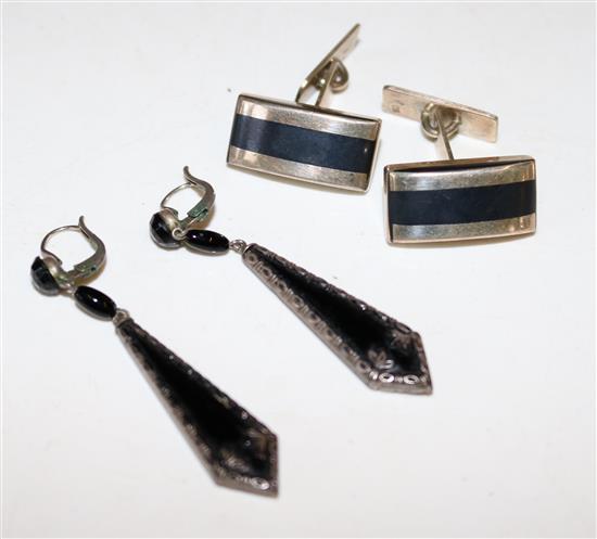 Pair Art Deco silver and enamel cuff links and a pair od drop earrings